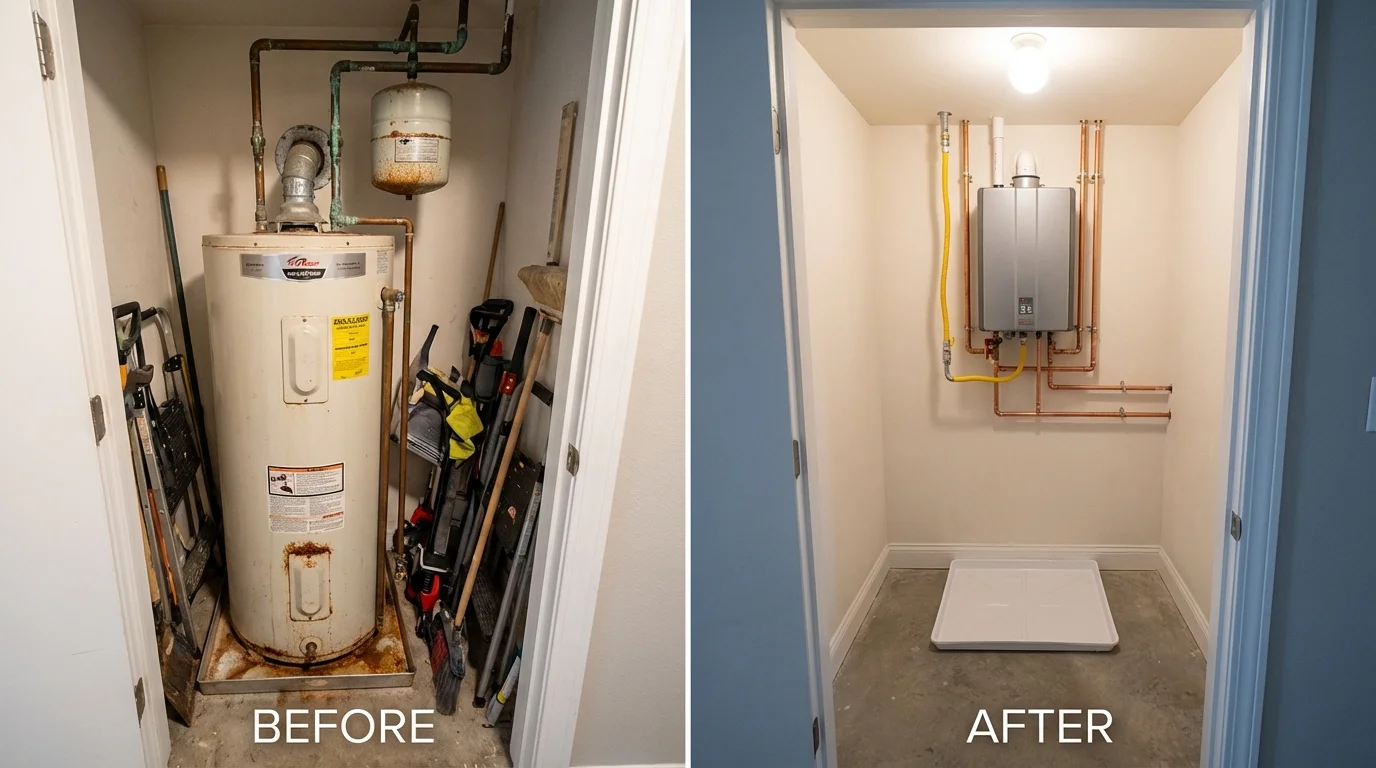 Tank water heater versus wall-mounted tankless unit comparison for Junction City, KS homeowners