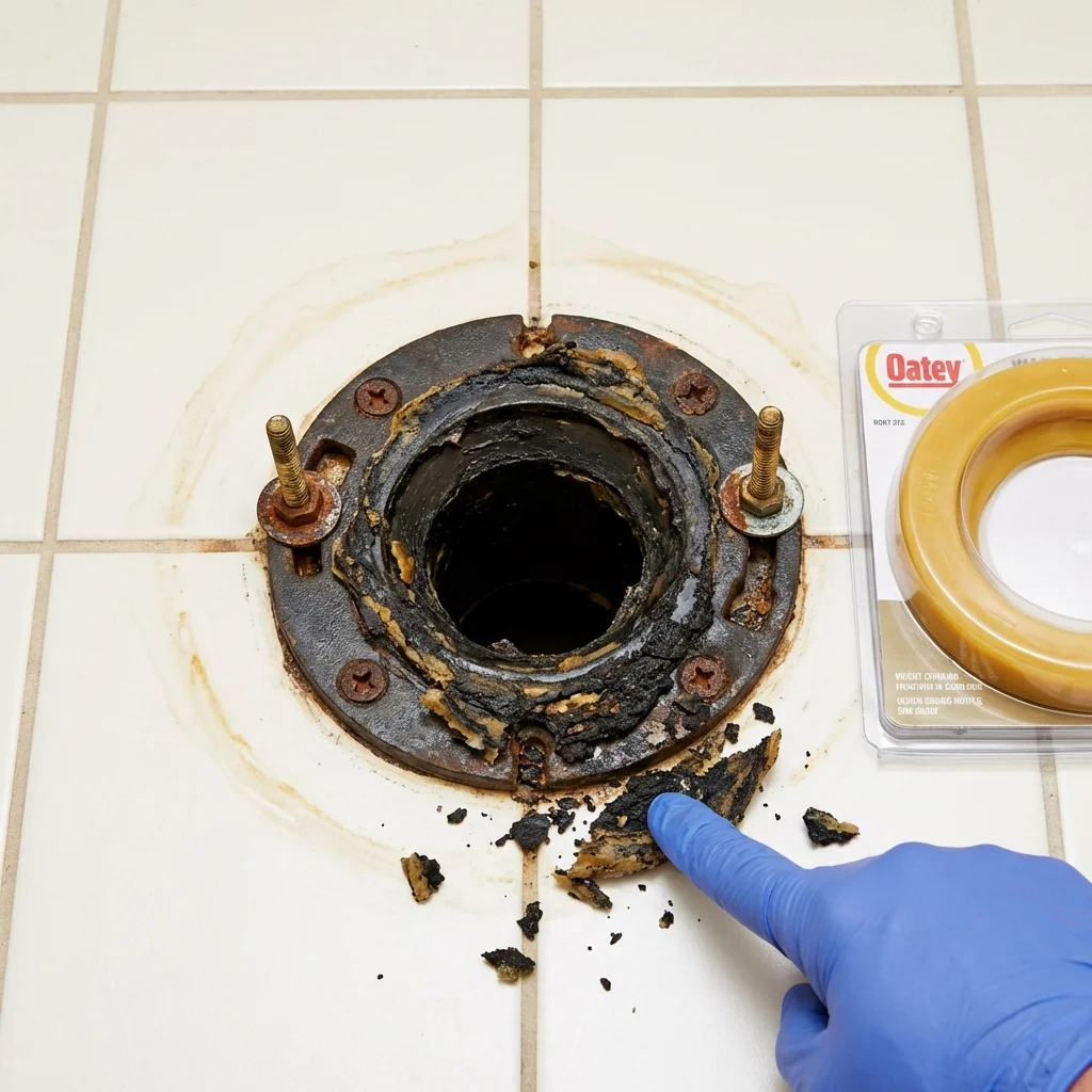 Failed wax ring showing water seepage at the base of a toilet in a Junction City, KS home
