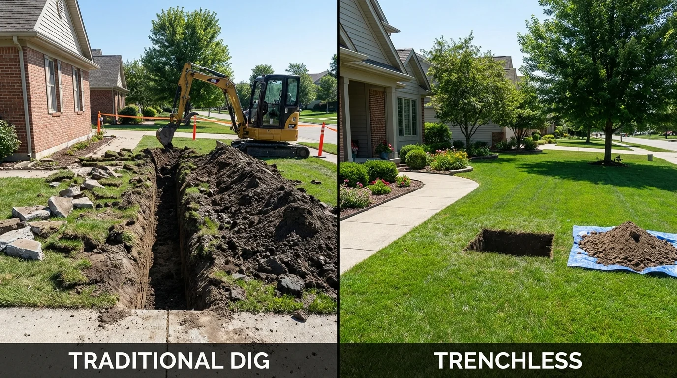 Trenchless sewer repair with minimal yard damage versus traditional excavation in Junction City, KS