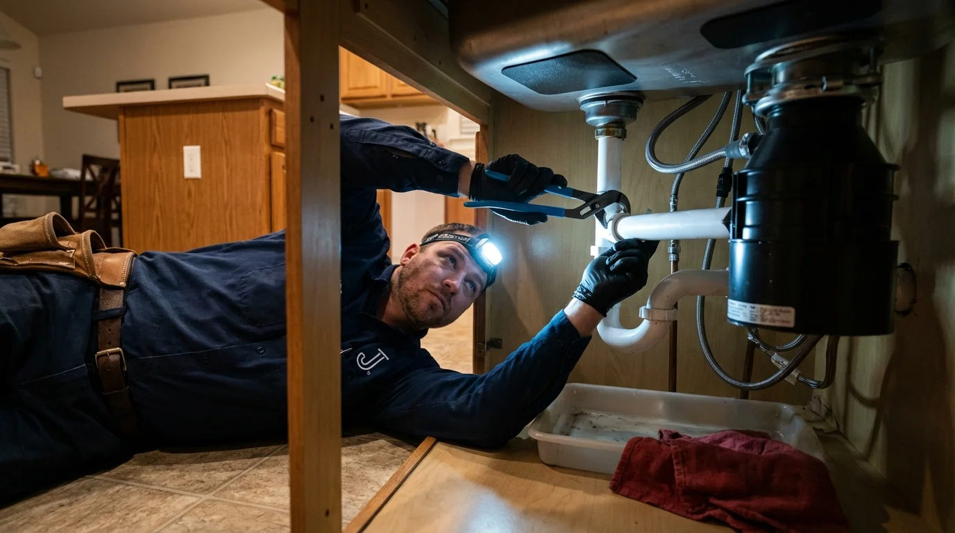P-trap and supply line connections under a kitchen sink showing a common leak point in Junction City, KS